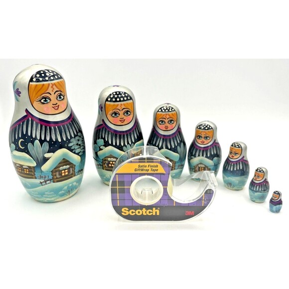 Matryoshka Russian Winter Village Nesting Dolls 9 Piece Vintage Wood Handpainted - Picture 8 of 16